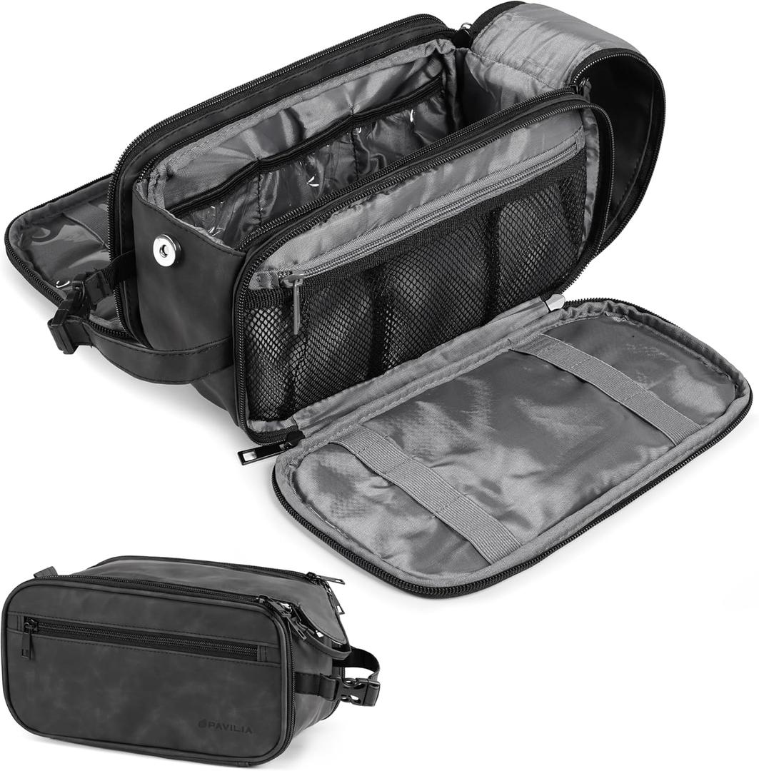 PAVILIA Toiletry Bag for Men Women, Mens Travel Bag Toiletries Organizer Case for Grooming, Travel Essentials Shaving Dopp Kit, PU Leather Water Resistant Cosmetic Pouch, Black (Large (10.5x5.5x6))