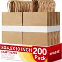 XPCARE 200Pack Paper Bags 8x4.5x10 Inch, Plain Medium Paper Bags with Handles Bulk, Kraft Paper Gift Bag, Retail, Party, Shopping, Favor Bag (Brown)
