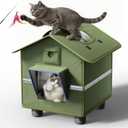 Outdoor Cat House for Outside with Elevated Base, Folding Roof Design and Cat Toys, Feral Stray Shelter Weatherproof in Garage Yard Porch, for Cats Up to 12 lbs