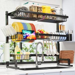ADBIU Over The Sink Dish Drying Rack (Expandable Height and Length) Snap-On Design 2 Tier Large Dish Rack 31-39.4L x 12W x 34-38H inches