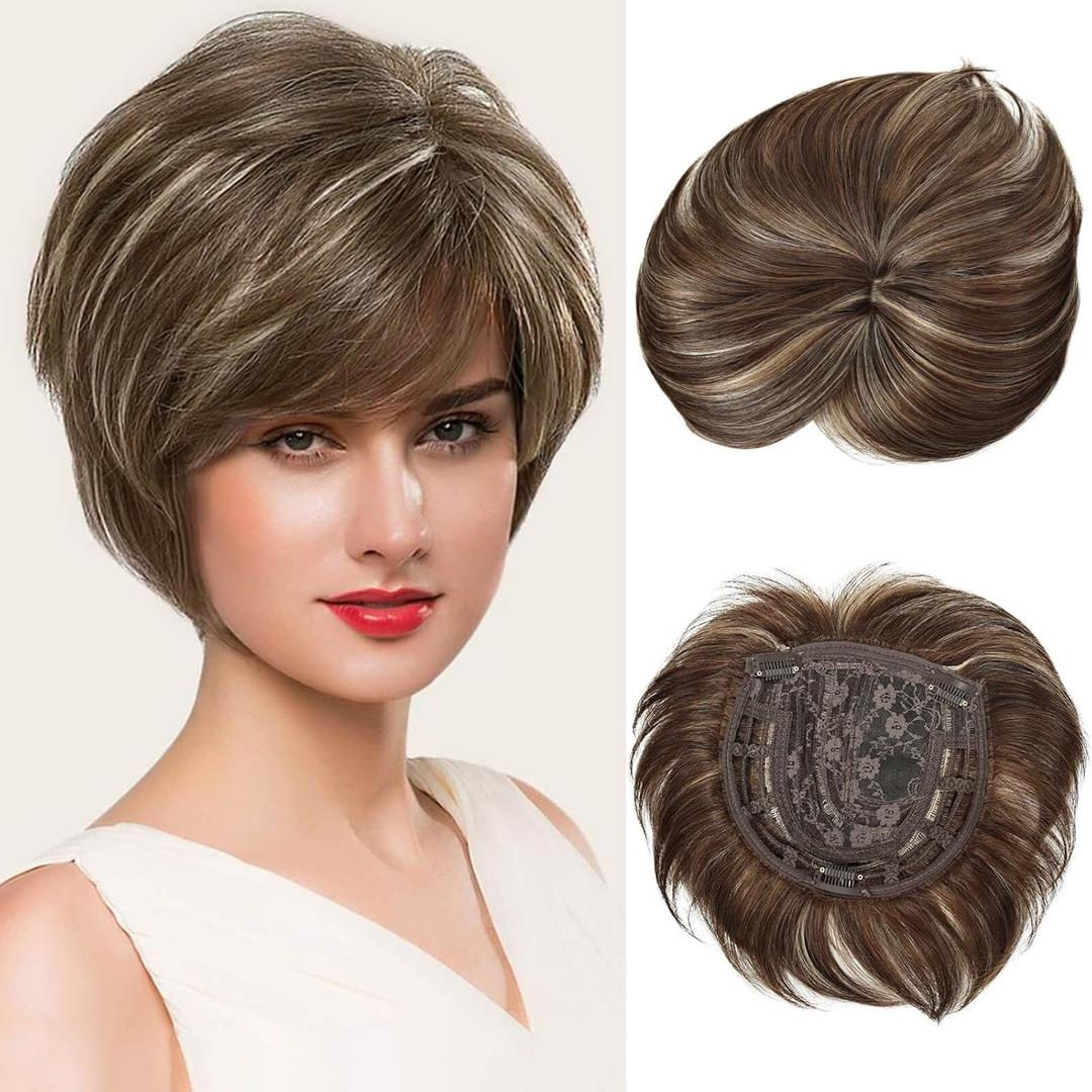 MIMAN Short Pixie Hair Toppers for Women Brown Mixed Blonde Fluffy Covering Hairpieces with Bangs Synthetic Pixie Topper for Thinning Hair Natural Looking Clip In Hairpieces