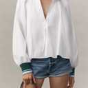 Burtell Half Zip Pullover Women Flowy Long Puff Sleeve Sporty Henley Blouse Casual Shirt Contrast Loose Fit Swing Tunic Tops (White, S)