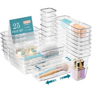 25 PCS Extendable Clear Plastic Drawer Organizer Set, Adjustable Bathroom Organizer, 3 Sizes Versatile Vanity Drawer Organizer Trays for Makeup, Bedroom, Office, Kitchen Utensils and Gadgets