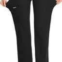 Women Yoga Scrub Pants Straight Mid Rise Elastic Waist Cargo Work Pants with Five Pocket 4-Way Stretch (Black)