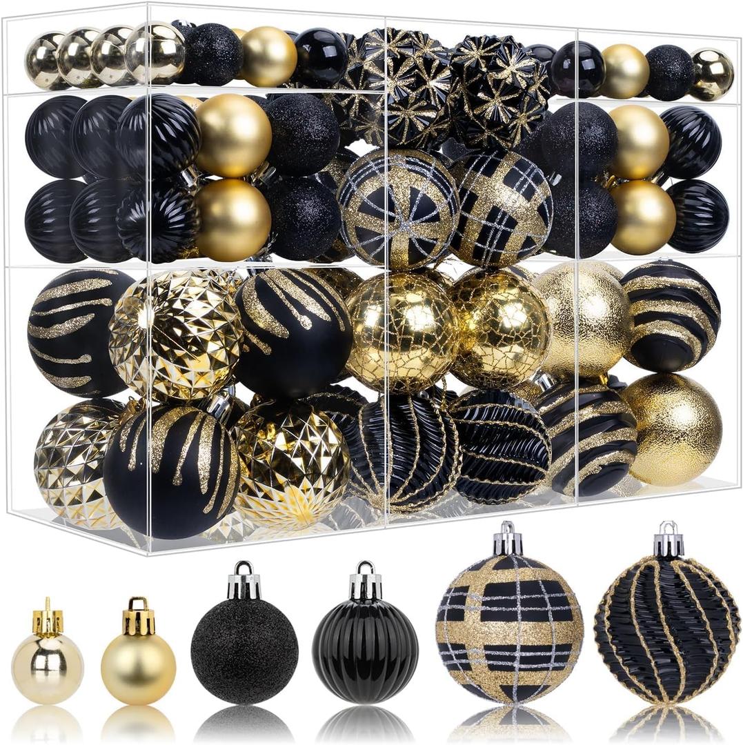 100ct Christmas Ball Ornaments Set, Black and Gold Shatterproof Hand-Painted Hanging Baubles Decoration Bulk for Xmas Tree, Wreath, Garland, Home Holiday Decor