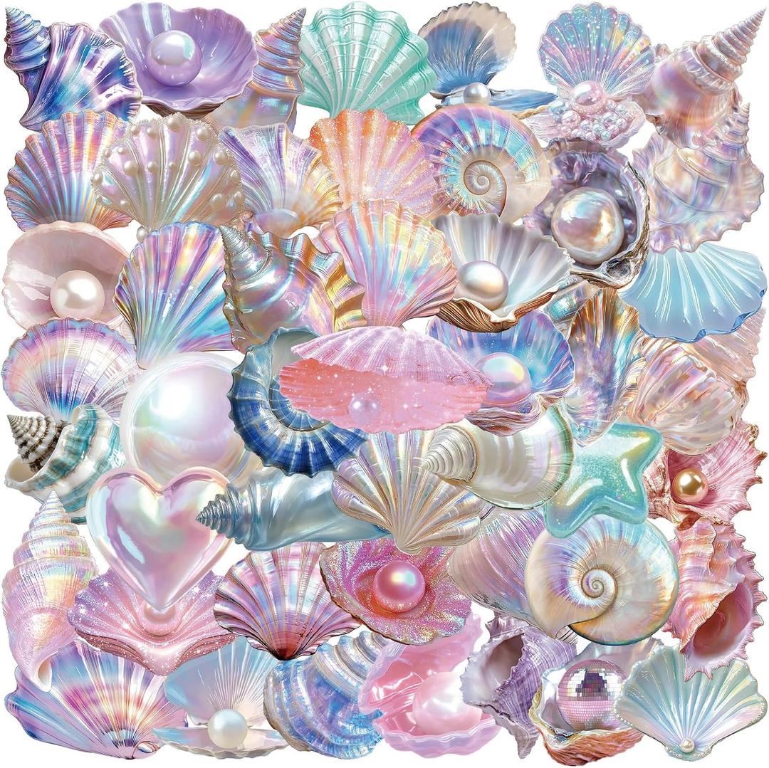 50pcs Fantasy Seashell Stickers Pack Clear Ocean Shell Pearl Scrapbook Stickers for Journaling, Planner, Laptop, Water Bottle Decoration
