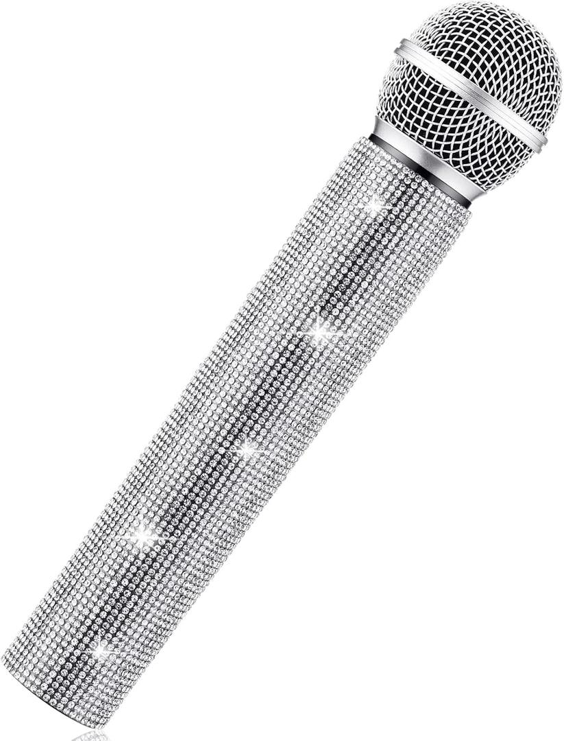Sanwuta Fake Microphone Prop Sparkly Bling Rhinestones Plastic Play Microphone Pretend Glitter Bedazzled Mic for Cosplay Party Costume(Silver)