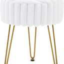 Vanity Stool,Faux Fur Ottoman Foot Stool, Dressing Table Seat with Metal Leg Vanity Chair for Bedroom, Living Room, Entryway, Offices (White)
