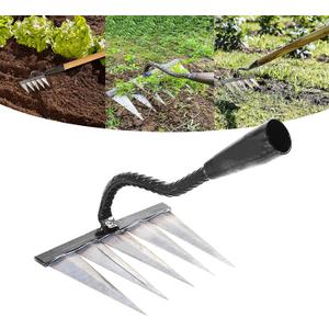 Garden Rake, Gardening Tools Heavy Duty Rake with 5 Metal Tines, Sharp Edge Garden Weeding Tools, All Steel Hardened Hoe Garden Hand Rake Tools for Backyard Lawn Loosening Planting (5 Tines)
