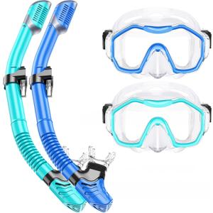 Snorkeling Gear for Adults Kids, Dry-Top Snorkel Set, 180Panoramic Wide View Diving Mask Breathing Freely Snorkel Mask for Snorkeling Scuba Diving Swimming Travel (A19-Blue + Green)