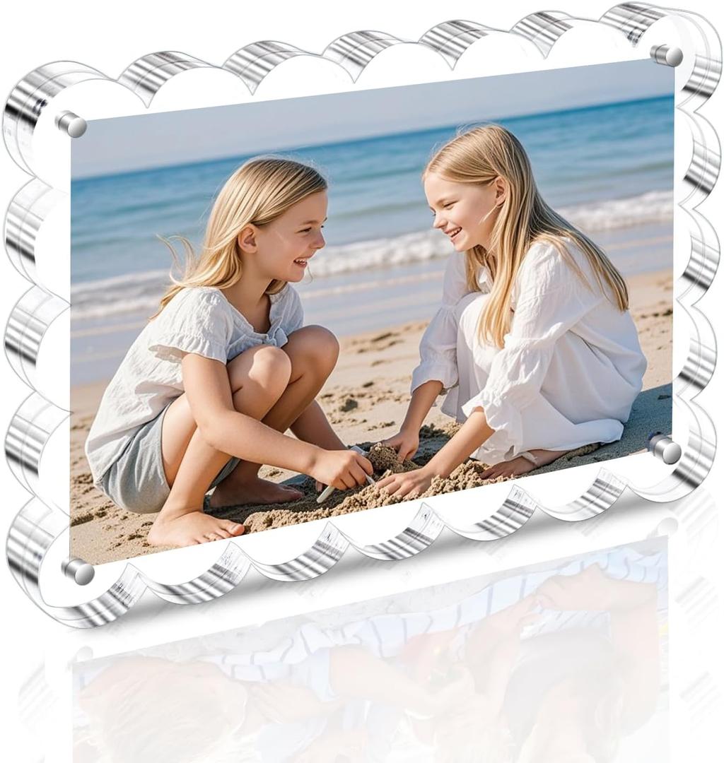 Egofine 4x6 Acrylic Picture Frame 1 Pack, 20mm Thick Magnetic Picture Frame, Double Sided Magnet Frame, Clear Photo Scalloped Frame, Free Standing Desktop Display