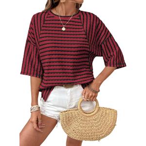 Dokotoo Womens Summer Tops Oversized Tshirts for Women Striped Color Block Short Sleeve T Shirts Crewneck Casual Tee Blouses M