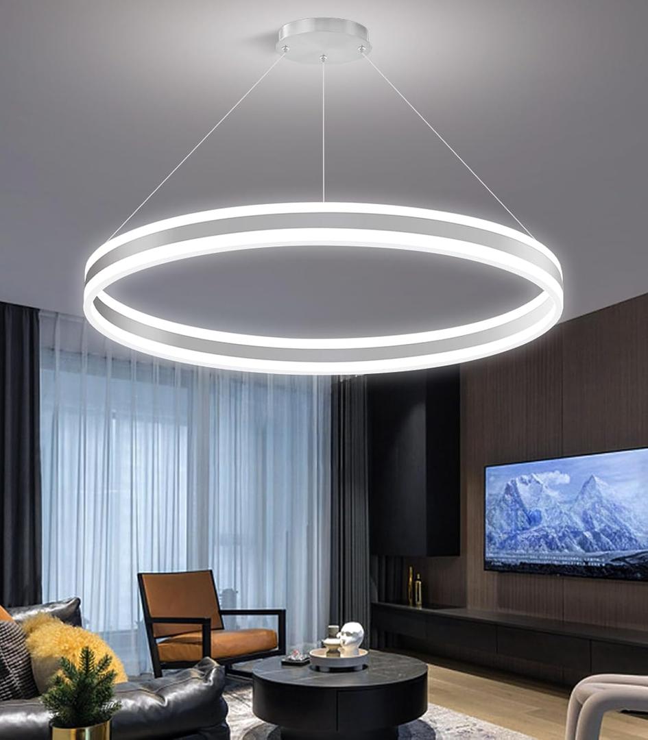 D31.5'' Modern Ring Chandelier for Dining Room LED Dimmable Pendant Lighting High Ceiling Chandelier for Living Room Foyer Bedroom Entryway 3000K-6000K Silver, 1 Rings-31.4''