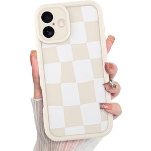 KANGHAR Compatible with iPhone 16 Plus Case, Silicone Checkered Cute Pattern, Camera Protection Soft Slim Shockproof Edge Phone Case for Girls Women -White
