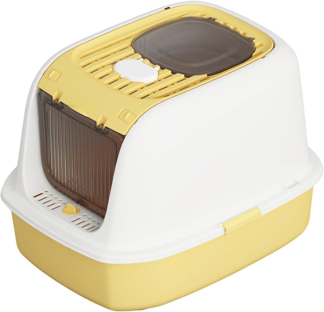 Cat Litter Box with Scoop, Front Entry Covered Litter Box with Lid, Top Exit Kitty Litter Box, Easy to Clean Durable Plastic Litter Pan, Ideal Size for Small to Medium Cats 20.61614.3Yellow