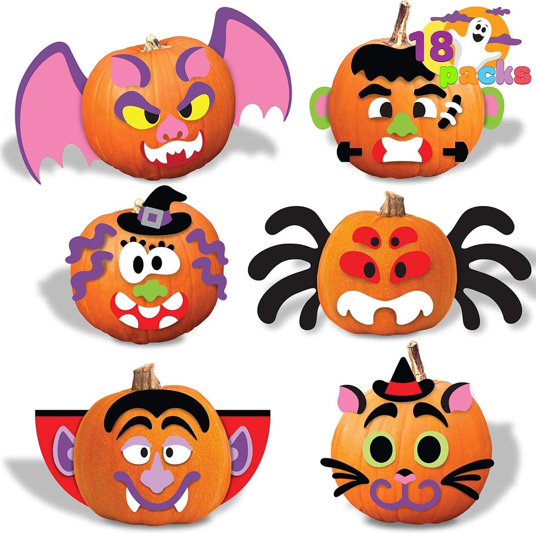 JOYIN 18 Packs Halloween Craft Foam Stickers, Arts Activities Party Supplies, Kids Party Favors, Pumpkin Decorating Kit, Jack O Lantern Face Sticker in 6 Funny Designs, Pumpkin Decor School Game