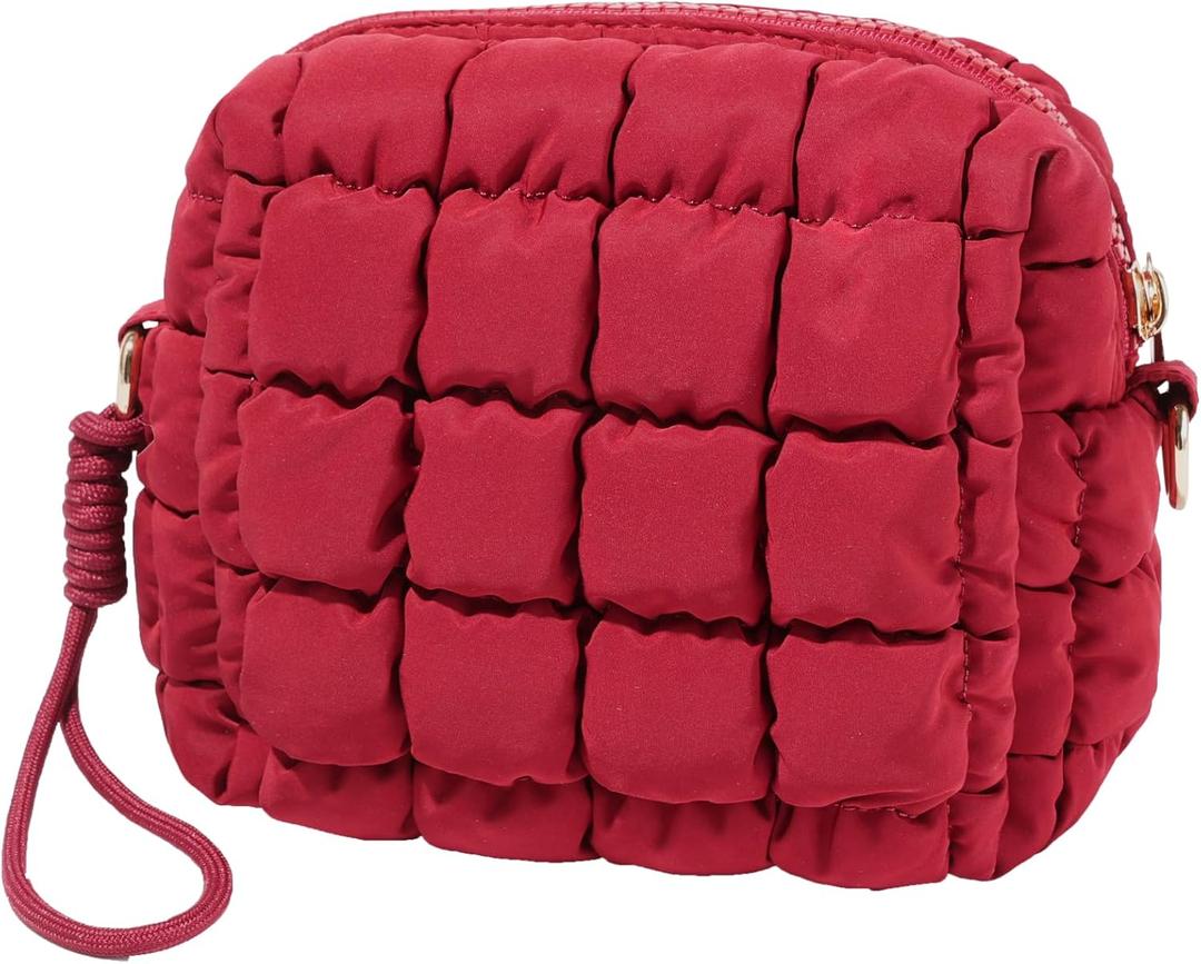 Quilted Makeup Bag Puffy Cosmetic Bag Cute Puffer Travel Toiletry Bag for Women, Small Makeup Pouch for Purse Quilted Cosmetic Pouch for Essentials Toiletries, Gift for Women, Girls (Dark Red)