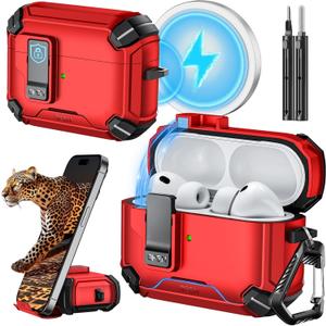 Inesore for AirPods Pro 3 Case (2025) with Phone Stand & Cleaning Kit, Compatible with Magsafe, Magnetic Automatic Lock Cover for AirPods Pro 3rd Generation, Red