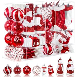 Alupssuc 112pcs Christmas Balls Ornaments Set, Shatterproof Plastic Baubles Christmas Penguin, Polar Bear for Xmas Tree Holiday Wedding Party Decorations with Hanging Strings, Red and White