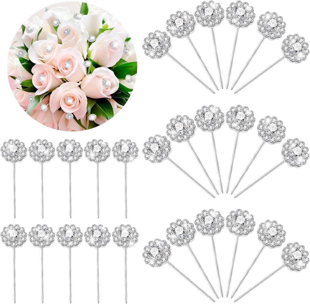 Henoyso 50 Pack Bouquet Pins Round Floral Rhinestone Crystal Bouquet Pins Flower Diamond Corsages Pins Floral Rhinestones Pins Crystal Diamond Head Straight Pins for Wedding Bridal Jewelry