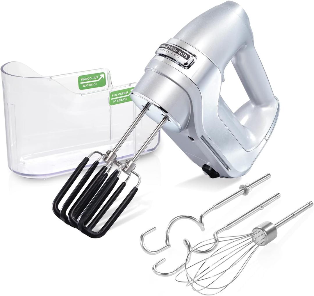 Hamilton Beach Professional 7-Speed Digital Electric Hand Mixer with High-Performance DC Motor, Slow Start, Snap-On Storage Case, Soft Scrape Beaters, Whisk, Dough Hooks, Silver and Chrome (62657)