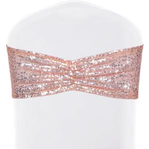 SquarePie Pack of 50 Sequin Chair Sashes Rose Gold Glitter Bows Bands for Wedding Banquet Party Decor
