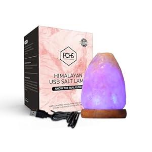 POHS USB Himalayan Mini Natural Salt Lamp, 7 Color Changing LED Bulb, Hand Crafted Crystal Rock Salt Night Light for Home Decor, Desk, and Gift | Premium Quality Wood Base and USB Cable