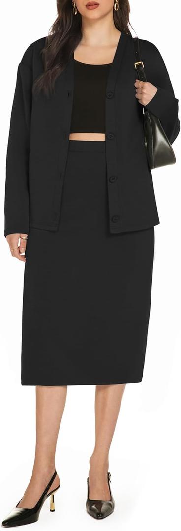Casly Lamiit Women's 2 Piece Midi Skirt Sets Business Casual Outfits Long Sleeve Cardigan Matching Dressy Suits (M)