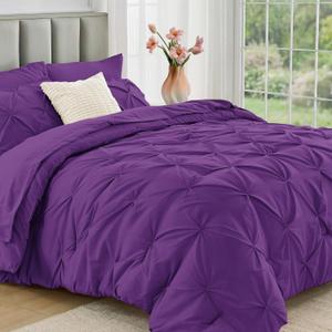 JOLLYVOGUE Queen Comforter Set 7 Pieces - Bed in a Bag Queen for All Season, Pintuck Bedding Comforter Sets with Comforter, Flat Sheet, Fitted Sheet and Pillowcases & Shams, Purple
