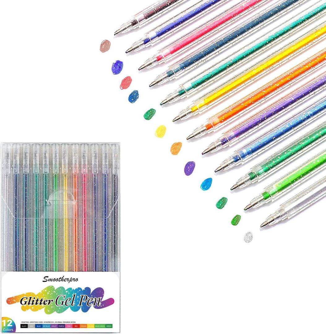 SMOOTHERPRO Glitter Gel Pens 12 Colors, Vibrant, Sparkly Metallic Pens for Coloring, Journaling & Scrapbooking Colored Gel Pens for Adults