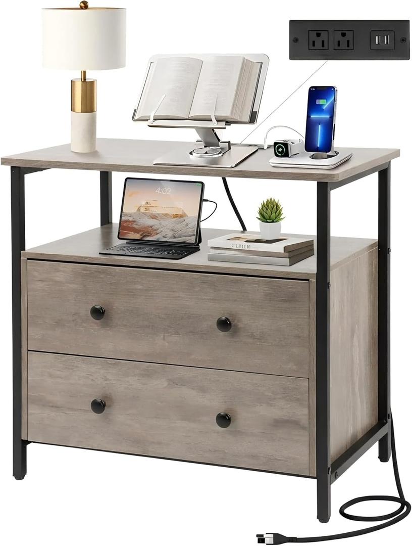 Edbuosy 27 inch Wide Night Stand with Charging Station, Bedside Table with Open Shelf, 2 Drawers Small Wood Dresser, Modern Wood Nightstand for Bedroom/Living Room (Rustic Gray)