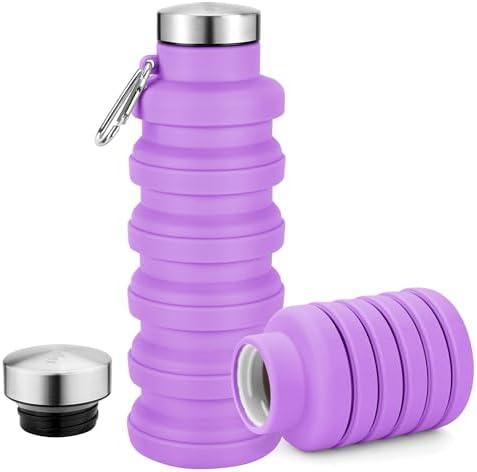 Sitanflex Collapsible Water Bottles 17oz, Portable Leak-Proof Travel Water Bottle, Reusable BPA Free Silicone Foldable Water Bottle with Carabiner for Gym, Traveling, Camping, Hiking, Sports-Purple
