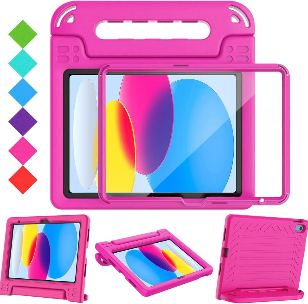 BMOUO Kids Case for iPad A16 11th Generation 11" 2025/iPad10th Generation 10.9 Inch 2022 - with Screen Protector, Shockproof Covertible Handle Stand iPad 11th 10th Generation Case for Kids, Rose