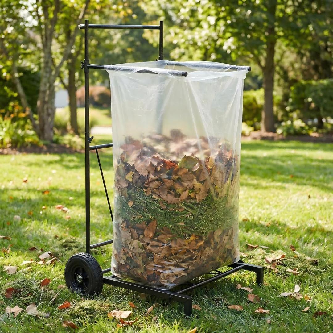 Portable Trash Bag Holder with Wheel, Adjustable 30-45 Gallon Outdoor Leaf Bag Stand, Durable Trash Bag Rack, for Yard, Lawn Cleanup, Gardening, Camping & Parties