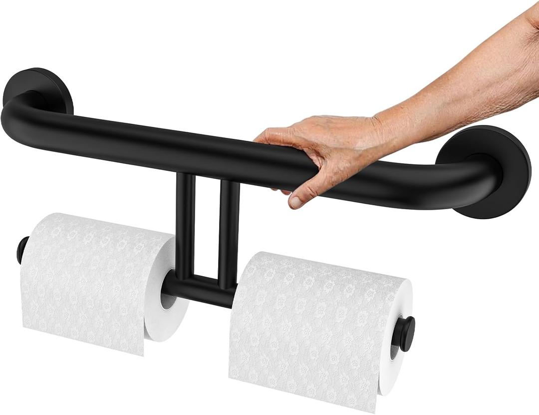 Black Handicap Grab Bar w/Toilet Paper Roll Holder, Zepolu 2-in-1 Safety Assist Bar Balanced Support Handle 17 Inch, Stainless Steel Wall Mounted Bathroom Toilet Grab Bar for Senior Elderly Disabled
