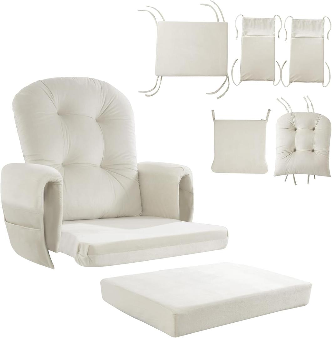 HOMBYS Glider Rocker Replacement Cushions 5 PCS with Storage Side Pocket, Velvet Fabric, Foam & Microfiber Filling, Non-Slip & Washable,Thickened & Supportive for Glider Rocking Chair, 22"W*21.2"L