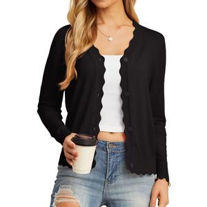 GRECERELLE Women's Long Sleeve V-Neck Button Down Cardigan Knit Shrugs Sweater (Black) Medium 