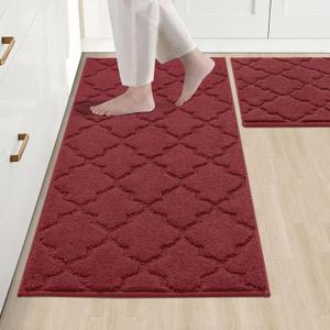 COSY HOMEER Soft Kitchen Rugs [2 PCS] for in Front of Sink Super Absorbent Kitchen Floor Mats and Mats 20x30 Inch/20X48 Non-Skid Kitchen Mat Standing Mat Washable, Polyester, Red