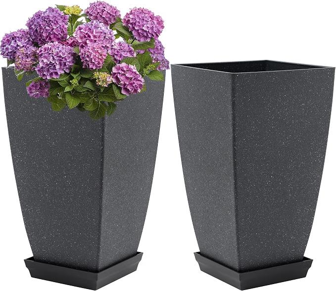 Neoaider Set of 2 Tall Planter, 21 inch Large Plastic Planter with Drain Hole & Saucers, Large Outdoor Planters for Porch, Garden, Patio, Balcony(Cement Gray)