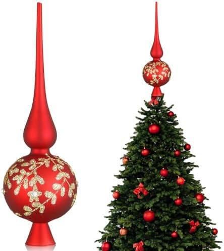 Gejoy Mercury Glass Christmas Finials Tree Topper Red Ornaments Spherical Blown Glass Xmas Tree Topper Finials with Carved Flowers Holiday Indoor Suitable for Party Decoration, 9.8inches