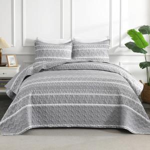 Andency Oversized Super King Quilt Set Grey, 3 Pieces Boho Lightweight Soft Striped Bedspread for All Season (120"x120"), Gray Printed Bohemian Polyester Reversible Coverlet Comforter Sets