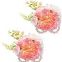 Wrist Corsage and Boutonniere Set, Artificial Rose Corsage Wristlet and Boutonniere for Wedding Prom Party (Carnation,2pcs Wrist Corsage)