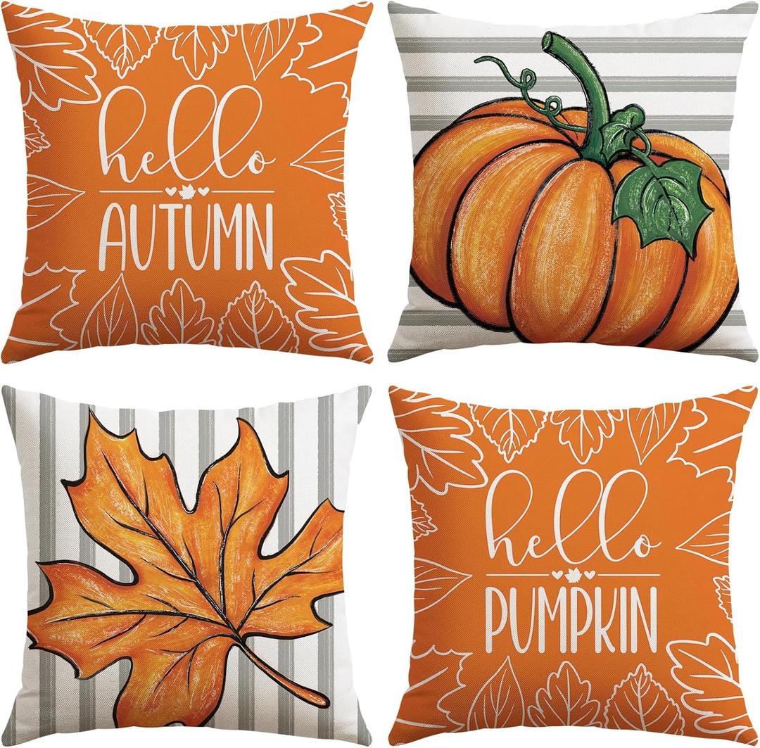 2 x Artscope Fall Decorative Throw Pillow Covers 18x18 Inch Set of 4 Fall Gifts for Home Decor, Striped Autumn Pumpkin Maple Leaves Harvest Decoration Pillow Cases for Home Sofa Couch Decor-Orange C