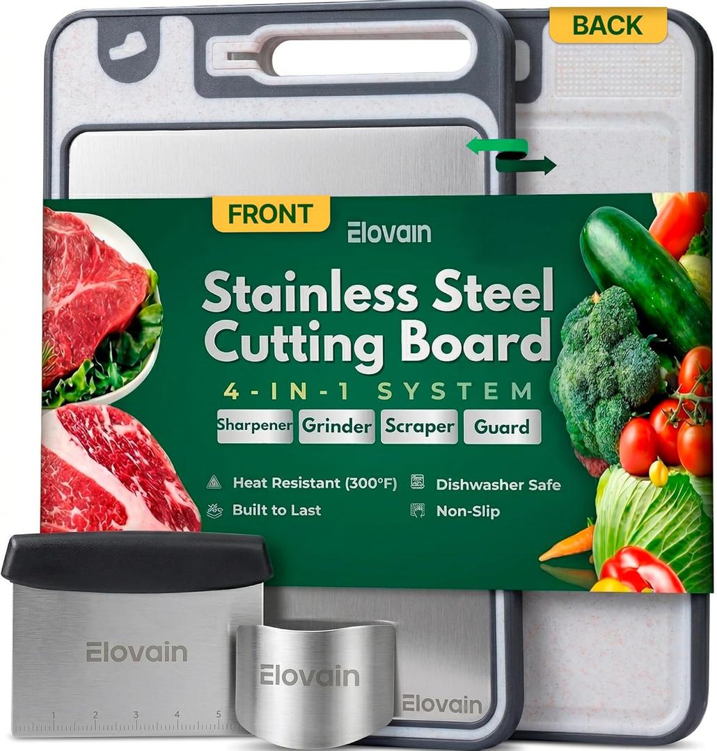 Stainless Steel Cutting Board with Built-In Knife Sharpener, 3-Piece Set, Double-Sided 304 Food-Grade Steel & Wheat Straw, Large Board for Meat & Vegetables, Dishwasher Safe, 15x10 Inch, Food Safe