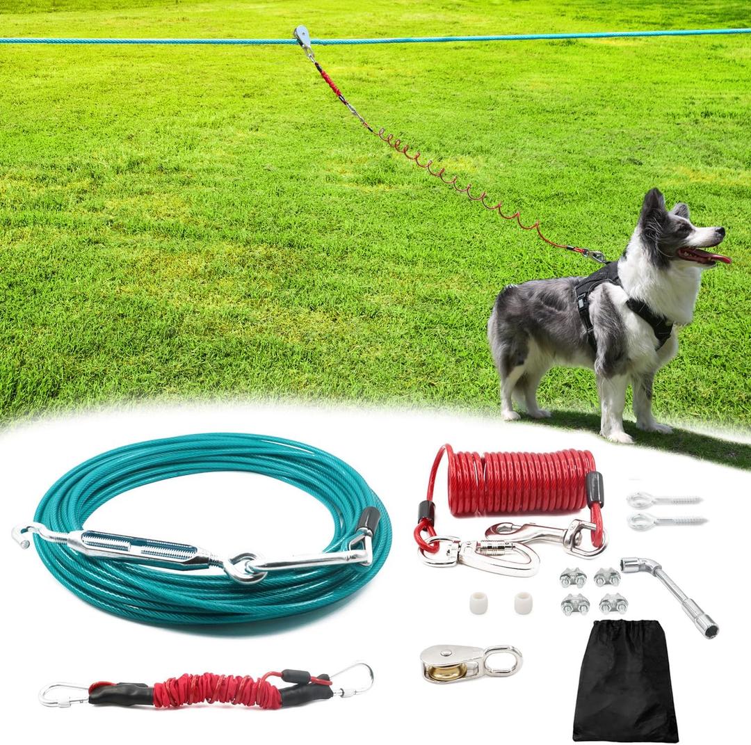 50FT Dog Run for Yard Heavy Duty with 10FT Tie Out Cable, Outdoor Leash Trolley System for Large Dog to 300Lbs