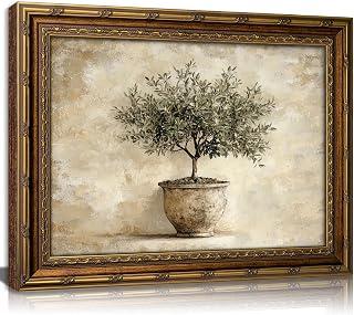 Vintage Gold Framed Olive Tree Wall Art,Pottery Still Life Painting Wall Decor, Neutral Botanical Antique Potted Plant Poster Prints for Farmhouse Kitchen Dining Room Home Decoration 16x24inch