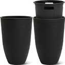Worth Garden 2-Pack 21" H. Black Tall Planters with Inside Pots - 14'' Dia Plastic Large Round Plant Tree Pots - Decorative Imitation Stone Finish for Indoor Outdoor Front Porch Container Patio