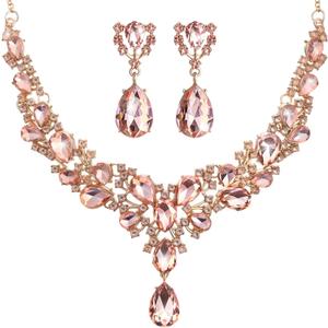 Hicarer Bridal Teardrop Cluster Crystal Jewelry Set for Women Necklace Earrings Wedding (Light Peach)