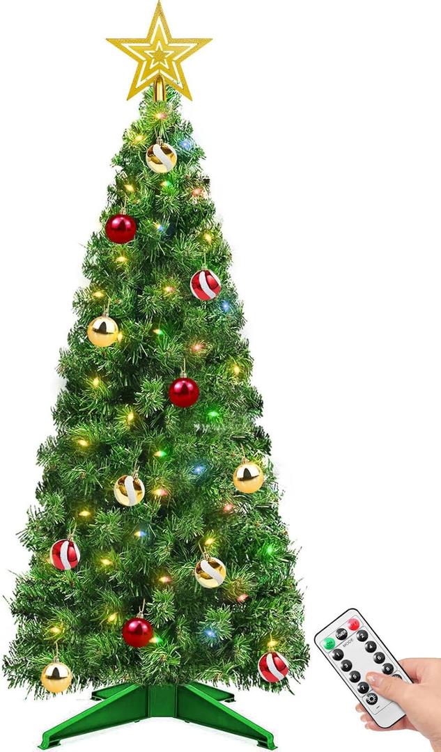 Remote 8 Mode & Timer 4 Ft Mini Christmas Tree with 100 Warm White & Multi Color Change Lights 18 DIY Balls Ornaments 3D Star Battery Operated Small Xmas Tree Table Indoor Holiday Party Decor (Green)