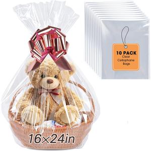 Yuiicaov 10PCS Large Cellophane Bags, 16x24 Inches Clear Cellophane Wrap for Gift Baskets, Clear Basket Bags Packaging 2.8 Mil Thick